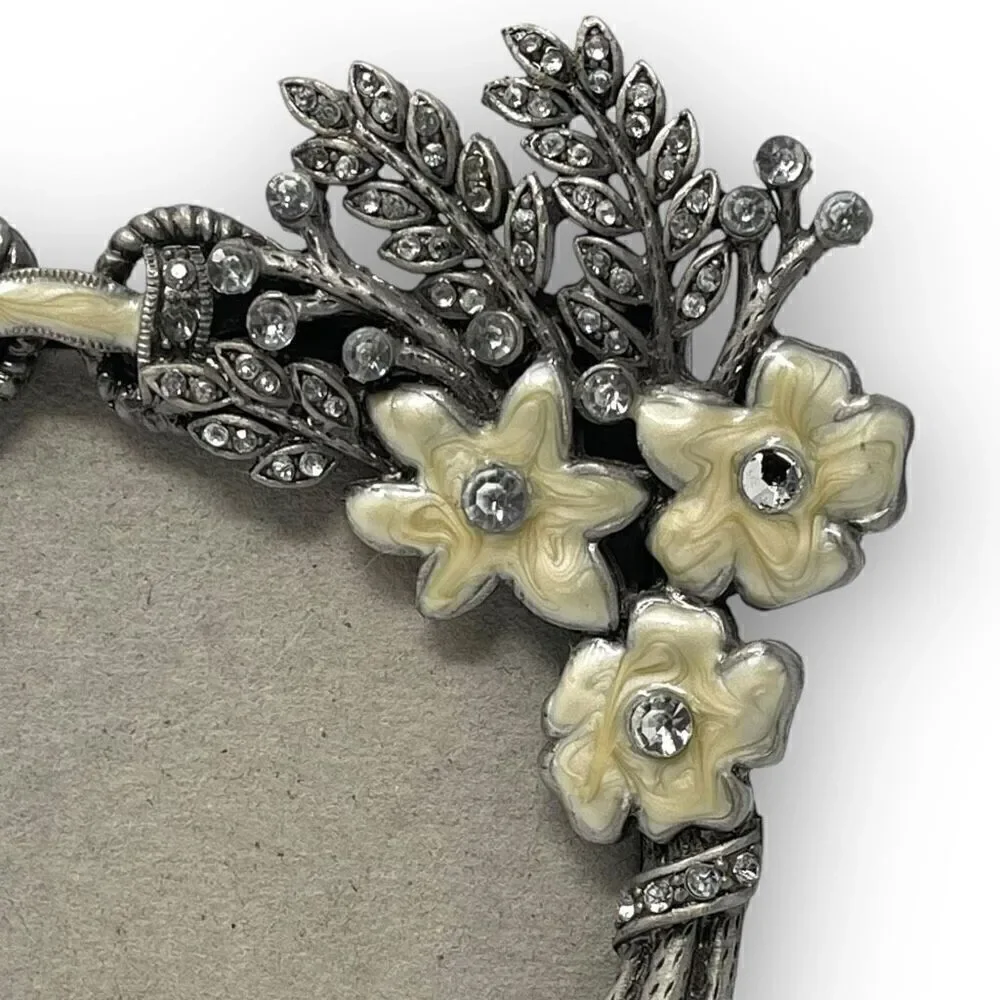 Six Trees Floral Bouquet Rhinestone Cream Pewter Metal Photo Picture Frame Flaw